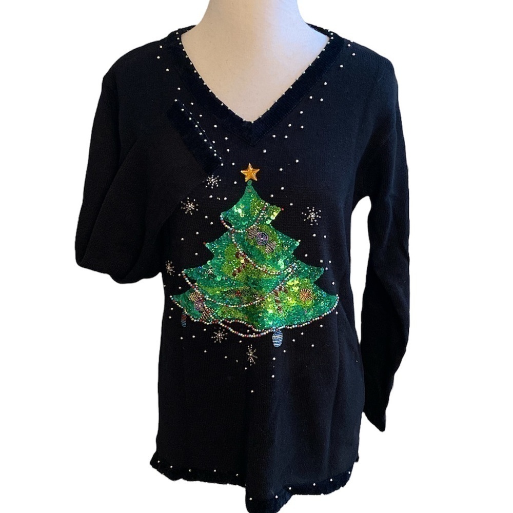 🎄Quacker Factory Unisex 3D Knit Black Cotton Ramie Blend Grandmacore Sweater